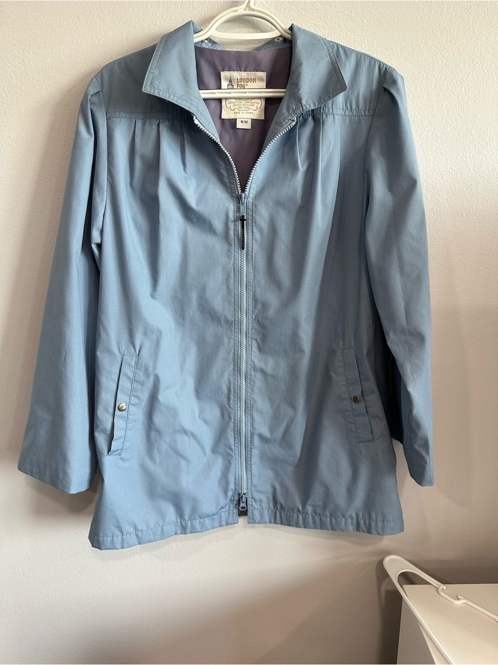 Vintage London Fog Powder Blue Light Jacket Lavender Lining Zip Front Size 8/10